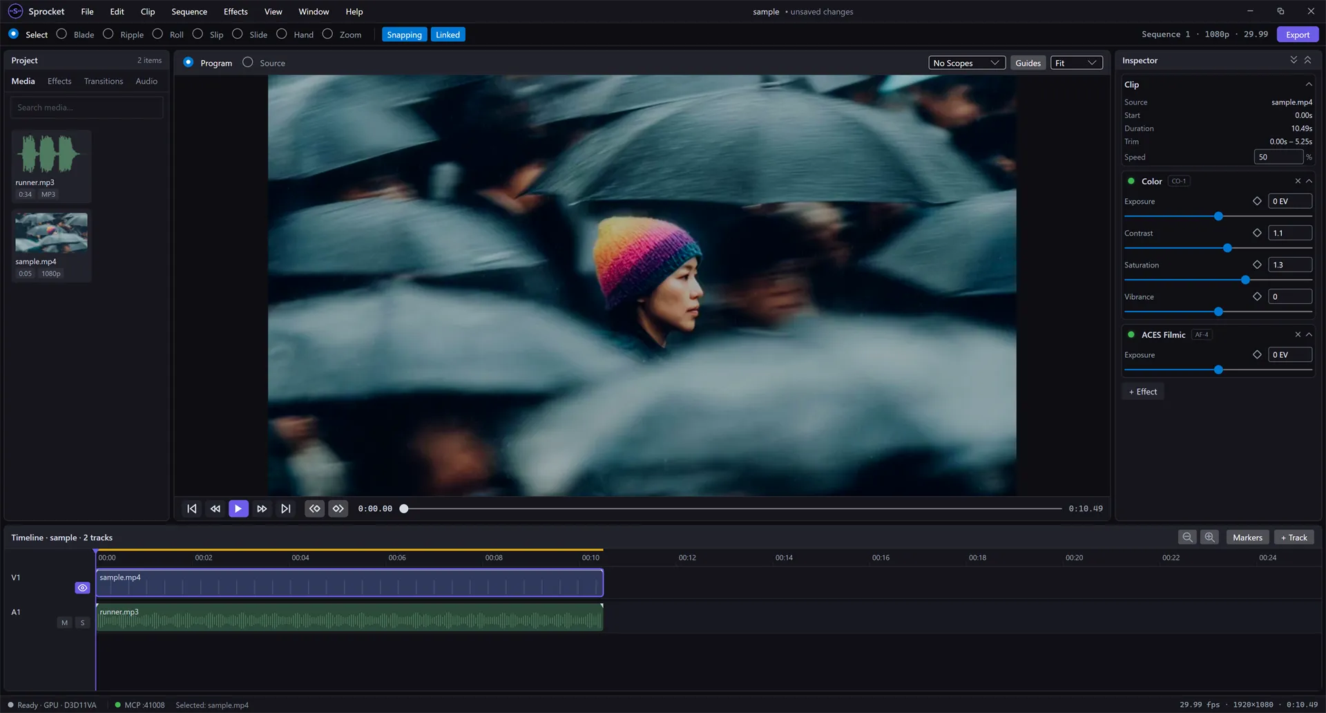 The Inspector showing the ACES Filmic effect with a single Exposure slider