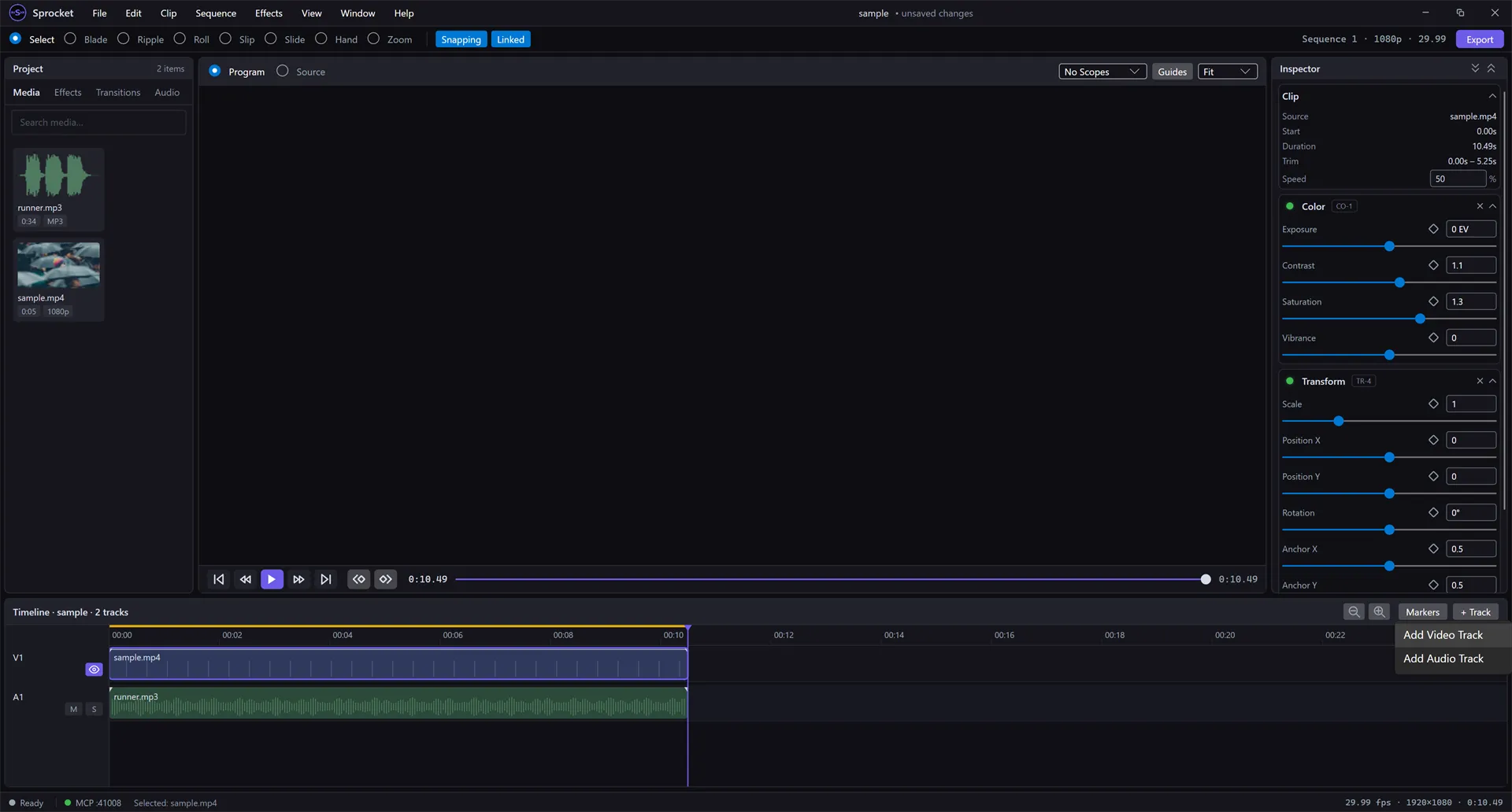 The + Track menu open, offering Add Video Track and Add Audio Track