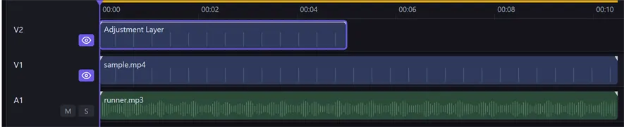 The timeline with an "Adjustment Layer" clip on the V2 track, sitting above the sample.mp4 footage on V1