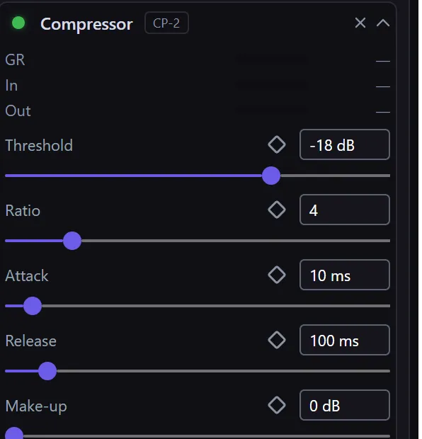 The Compressor effect in the Inspector, with gain-reduction meters and sliders for Threshold, Ratio, Attack, Release, and Make-up