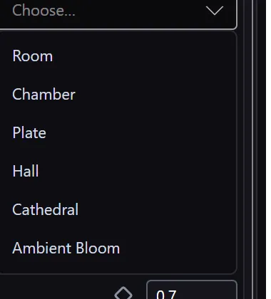 The Studio Reverb preset dropdown open, listing Room, Chamber, Plate, Hall, Cathedral, and Ambient Bloom