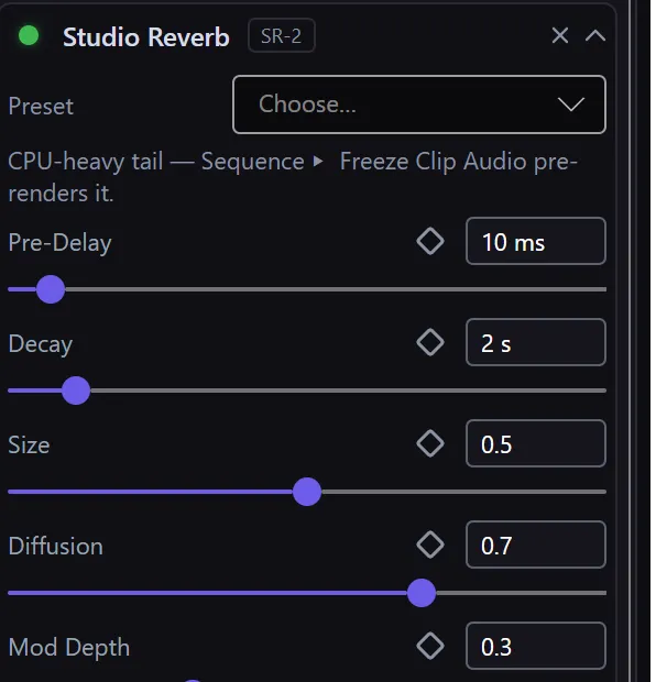 The Studio Reverb effect in the Inspector with its Preset picker and sliders for Pre-Delay, Decay, Size, Diffusion, and Mod Depth