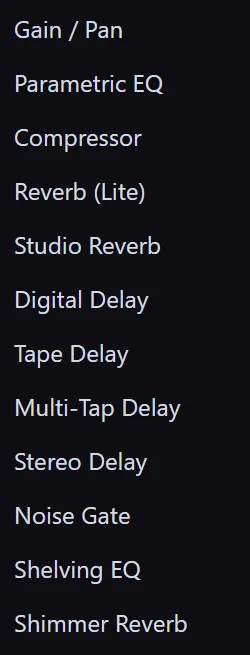 The Effects menu with an audio clip selected, listing Gain / Pan, Parametric EQ, Compressor, Reverb (Lite), Studio Reverb, Digital Delay, Tape Delay, Multi-Tap Delay, Stereo Delay, Noise Gate, Shelving EQ, and Shimmer Reverb
