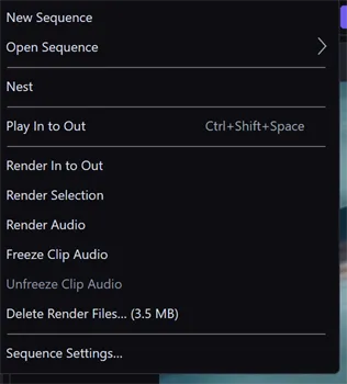The Sequence menu showing Render Audio, Freeze Clip Audio, and a greyed-out Unfreeze Clip Audio