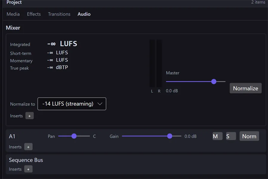 The mixer in the Audio tab: a master section with loudness meters, a Master fader, a Normalize button, and a Normalize-to target, followed by the A1 track strip and the Sequence Bus