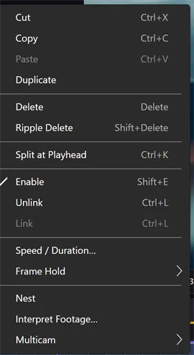 The right-click menu on a video clip: Cut, Copy, Paste, Duplicate, Delete, Ripple Delete, Split at Playhead, Enable, Unlink, Link, Speed / Duration, a Frame Hold submenu, Nest, Interpret Footage, and Multicam