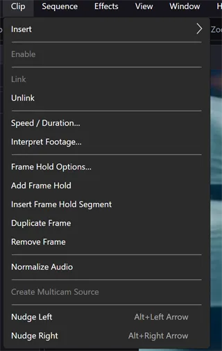 The Clip menu showing Frame Hold Options, Add Frame Hold, and Insert Frame Hold Segment