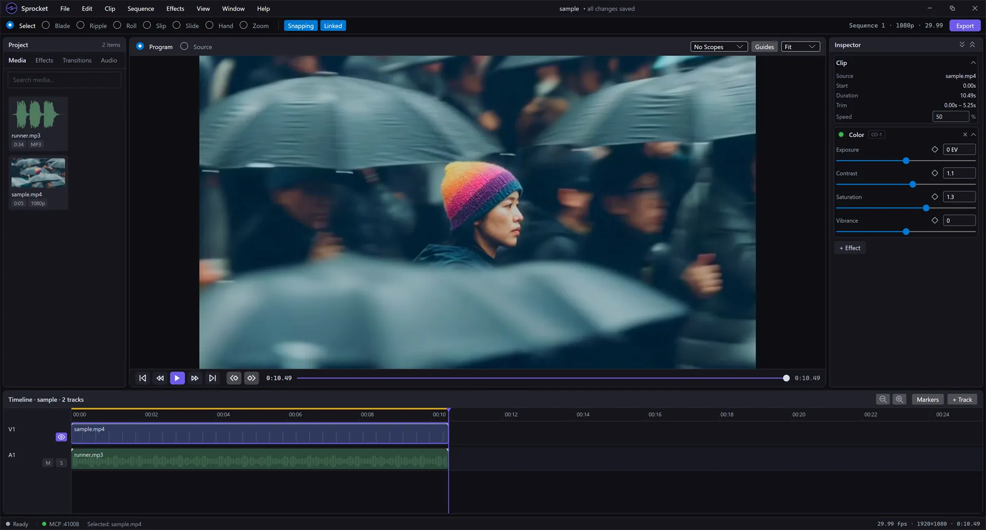 A clip selected on the timeline, with the Inspector showing the clip's Source, Start, Duration, Trim, and Speed, plus a Color effect with Exposure, Contrast, Saturation, and Vibrance sliders