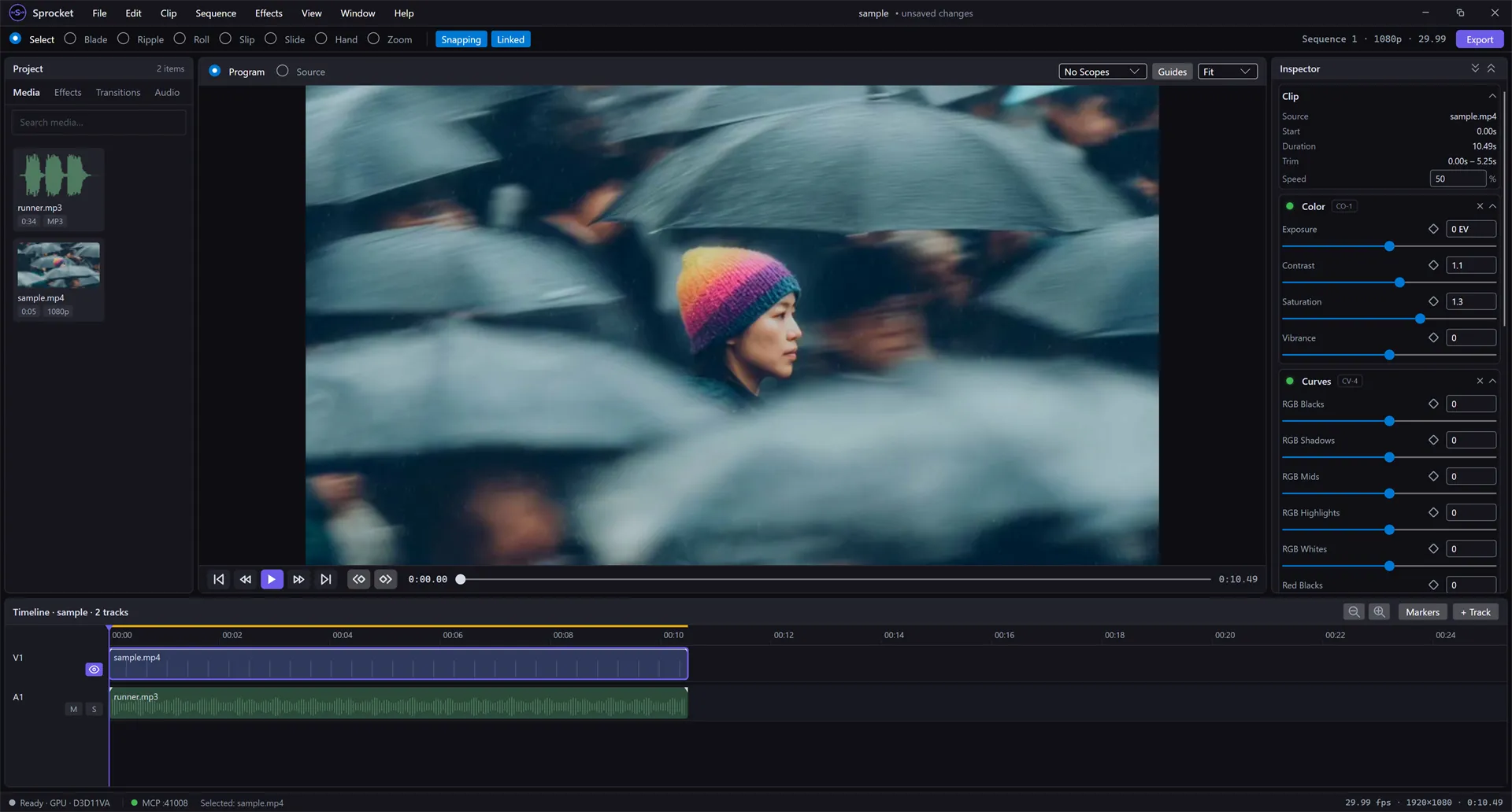 The Inspector showing the Curves effect with RGB Blacks, Shadows, Mids, Highlights, and Whites sliders