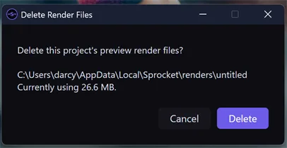 The Delete Render Files confirmation dialog, showing the cache folder path, the space currently used, and Delete and Cancel buttons