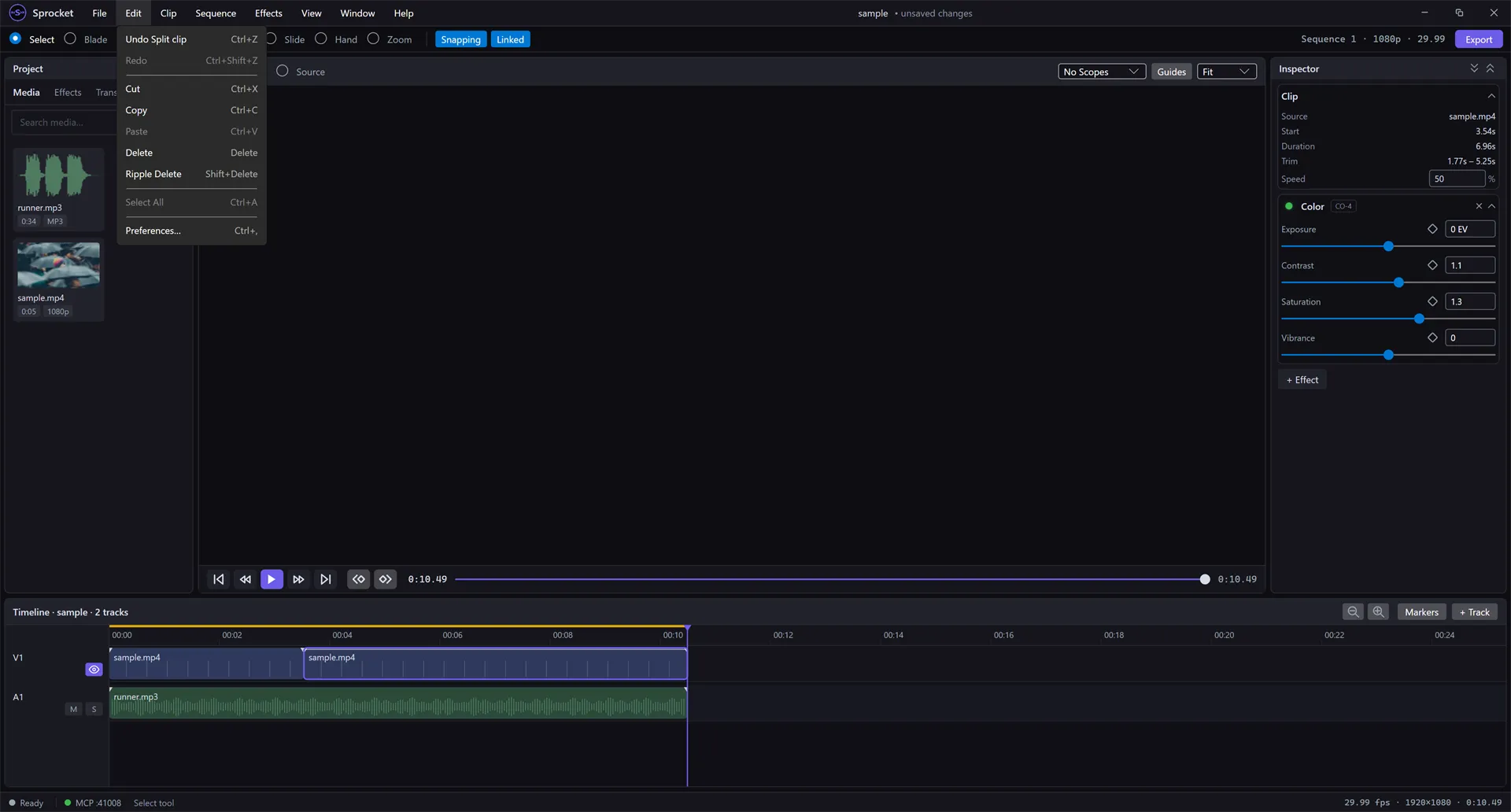 The Edit menu open, showing Undo naming the last action, plus Redo, Cut, Copy, Paste, Delete, and Ripple Delete with their shortcuts