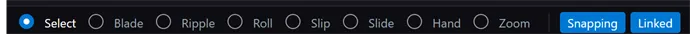 The editing toolbar: Select, Blade, Ripple, Roll, Slip, Slide, Hand, and Zoom, followed by the Snapping and Linked toggles