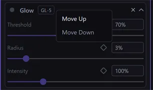 The right-click menu on the Glow effect's heading, showing Move Up and a greyed-out Move Down
