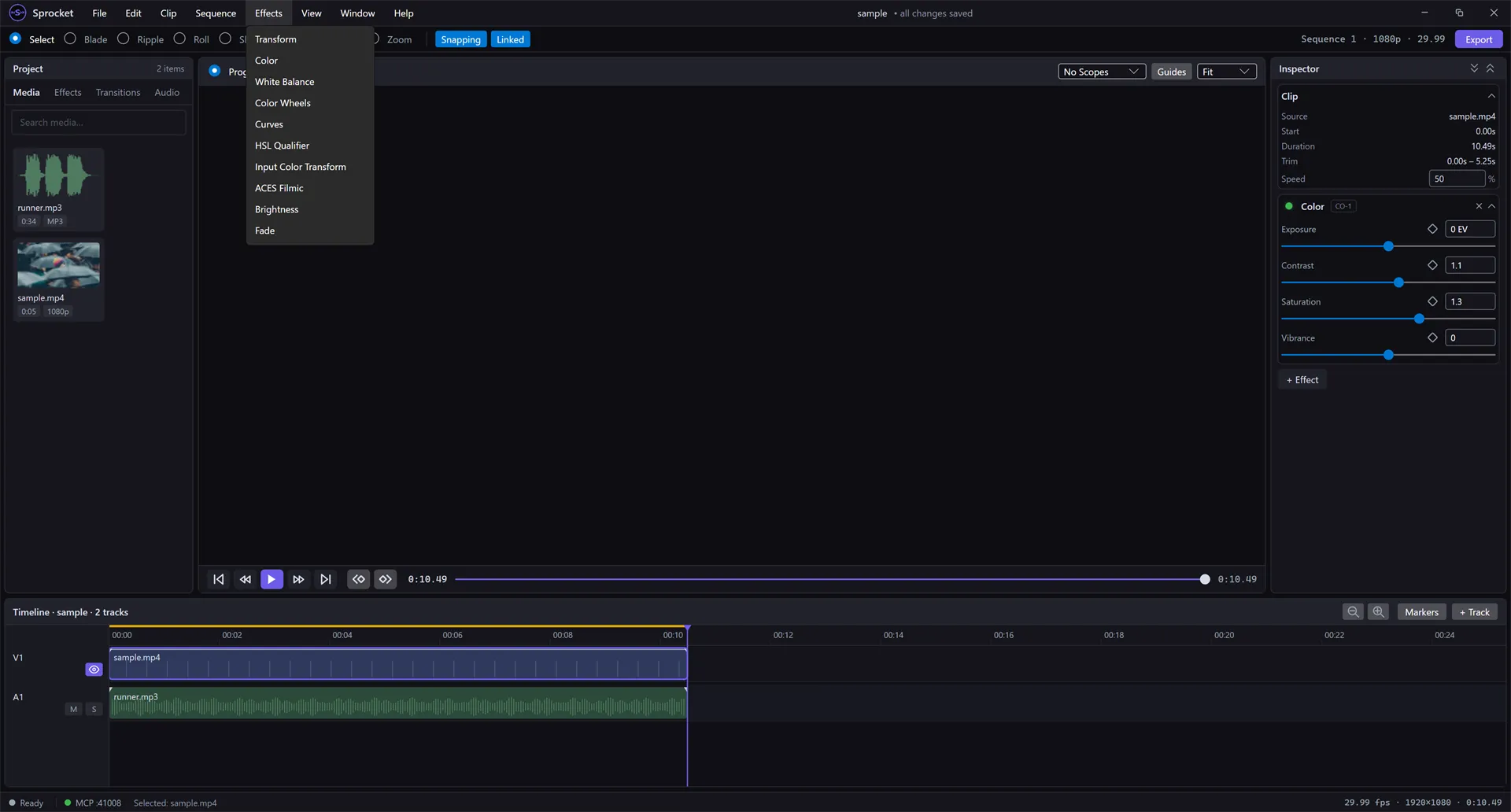 The Effects menu open, listing Transform, Color, White Balance, Color Wheels, Curves, HSL Qualifier, Input Color Transform, ACES Filmic, Brightness, and Fade