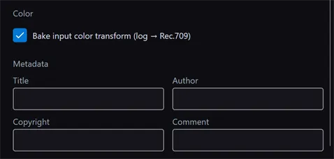 The Color and Metadata sections at the bottom of the Export Settings window: the Bake input color transform checkbox, and Title, Author, Copyright, and Comment fields