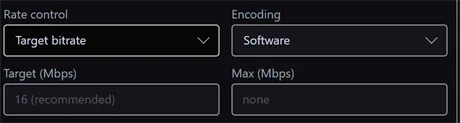 The Rate control menu set to Target bitrate, showing the Target (Mbps) box with a recommended value and the Max (Mbps) box