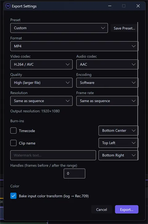 The Export Settings window with Format, Video and Audio codec, Quality, Resolution, Frame rate, Burn-ins, and Handles options