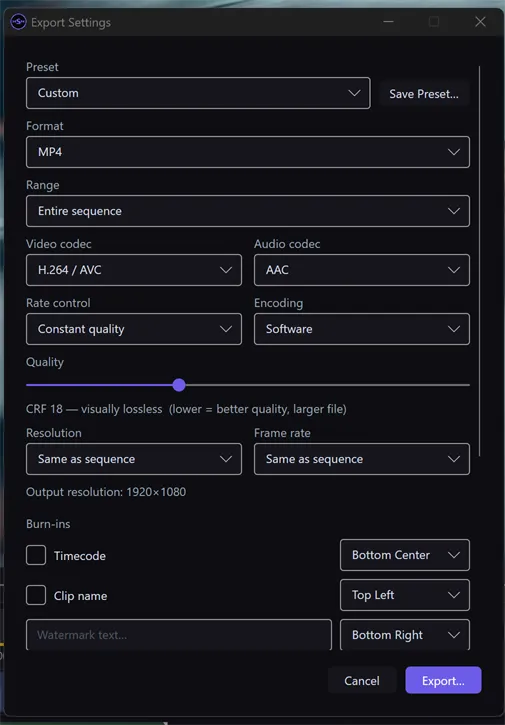 The Export Settings window showing Preset, Format, Range, Video and Audio codec, Rate control, Encoding, the Quality slider, Resolution, Frame rate, and Burn-ins options; Handles, Color, and Metadata sit below as you scroll