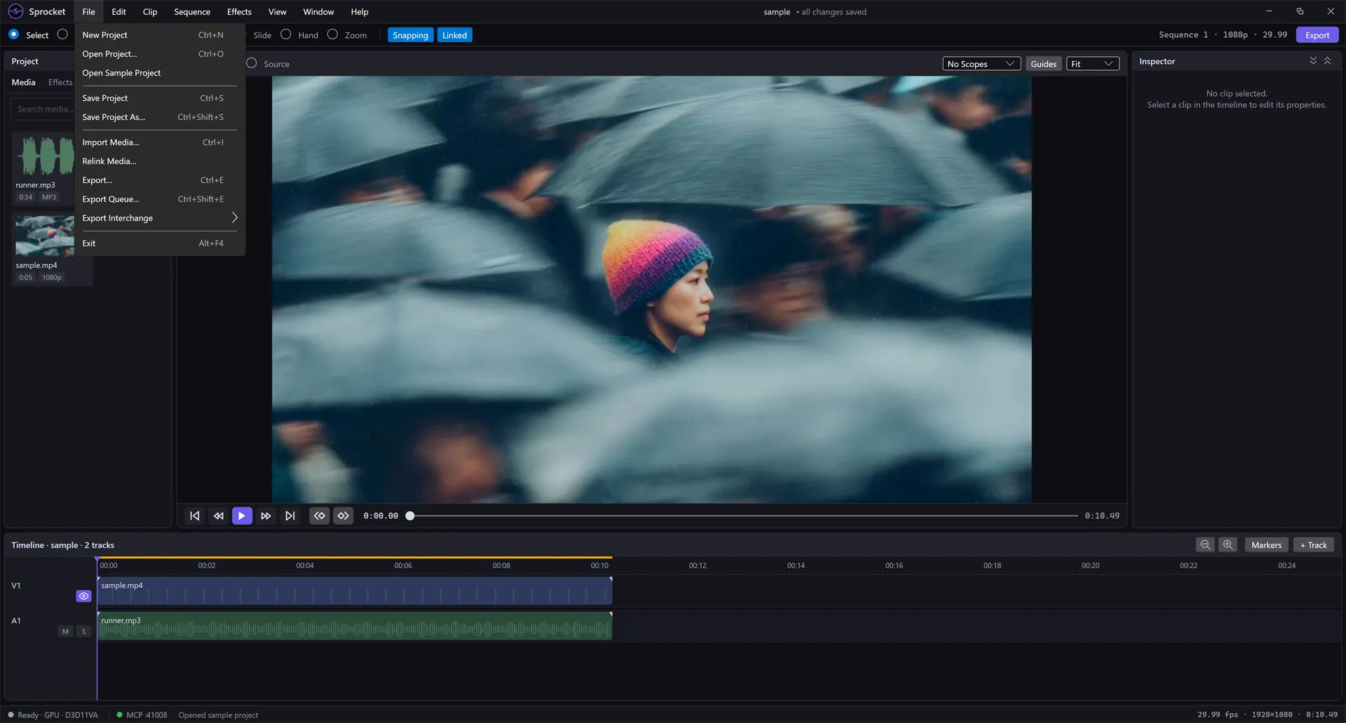 The File menu open, showing Open Sample Project along with New Project, Open Project, Save, Import Media, and Export