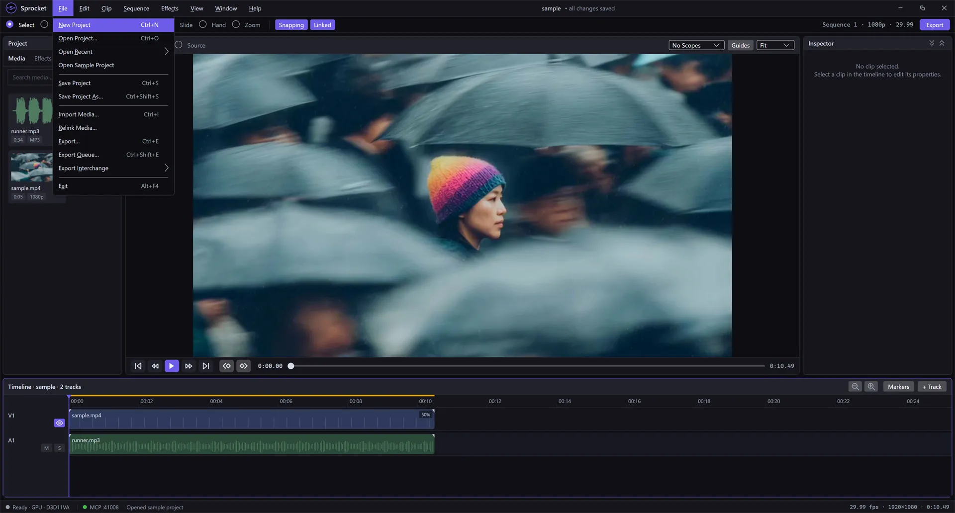 The File menu open, showing Open Sample Project along with New Project, Open Project, Save, Import Media, and Export