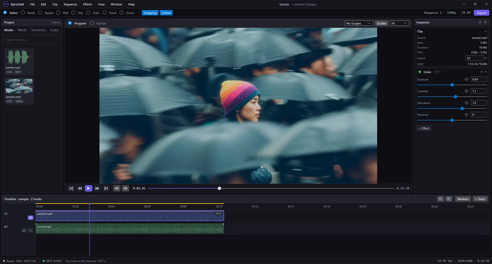 The timeline showing a HOLD badge on the clip, and the Inspector's Hold row reading "1.51s for 10.49s"