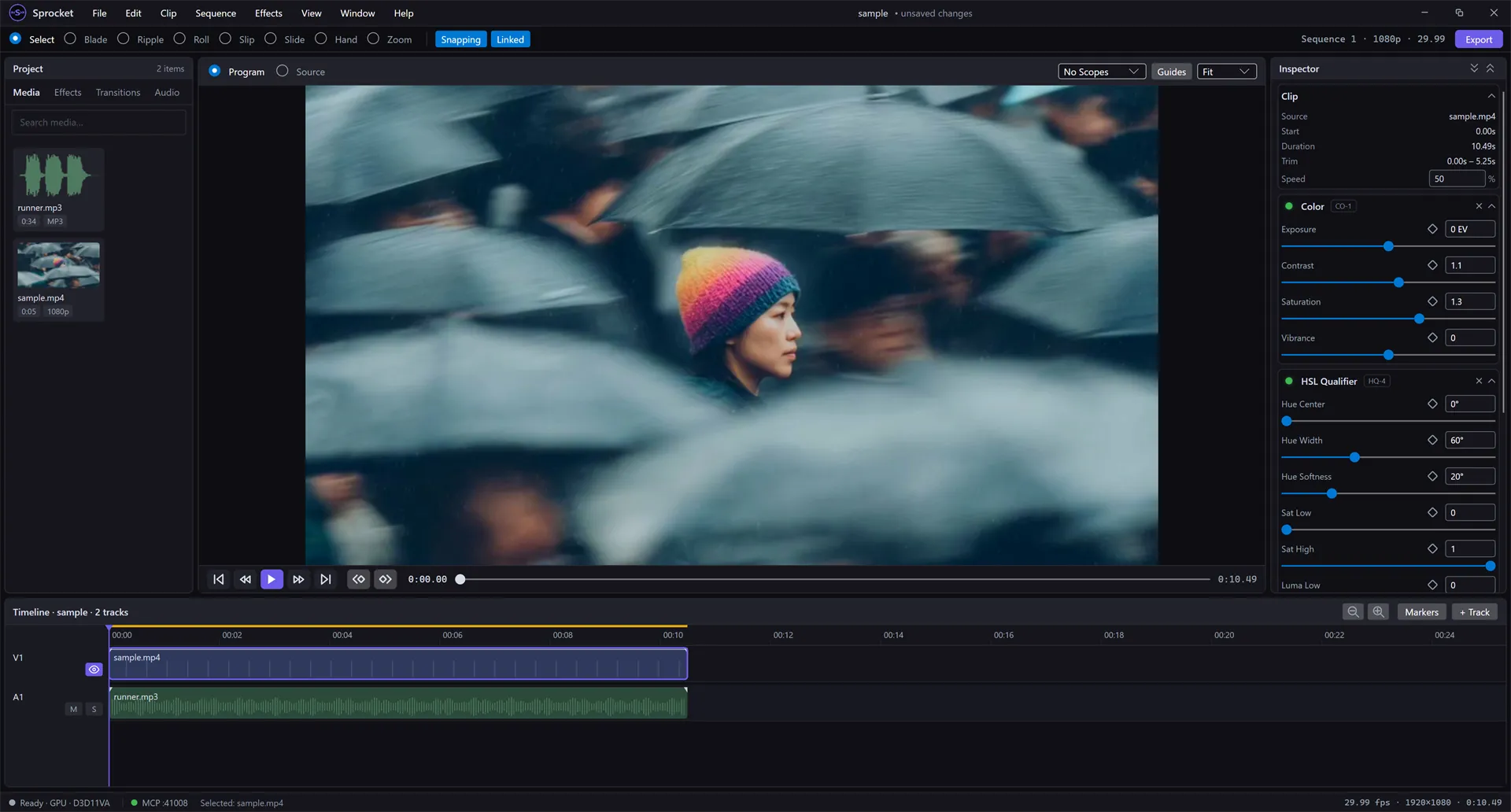 The Inspector showing the HSL Qualifier effect, with Hue Center, Hue Width, Hue Softness, Sat Low, Sat High, Luma Low, and Luma High controls above a Hue Shift, Saturation, Exposure correction and a Show Mask toggle