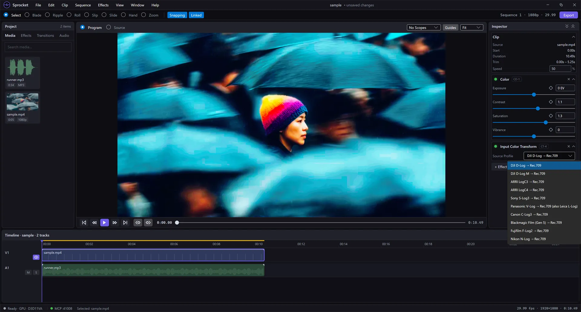 The Input Color Transform effect's Source Profile dropdown open, listing profiles for DJI, ARRI, Sony, Panasonic, Canon, Blackmagic, Fujifilm, and Nikon log formats