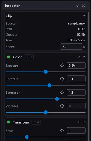 The Inspector showing a Color effect with tag chip CO-1 and a Transform effect with tag chip TR-4