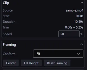 The Inspector Framing section: a Conform dropdown set to Fit, with Center, Fill Height, and Reset Framing buttons below it