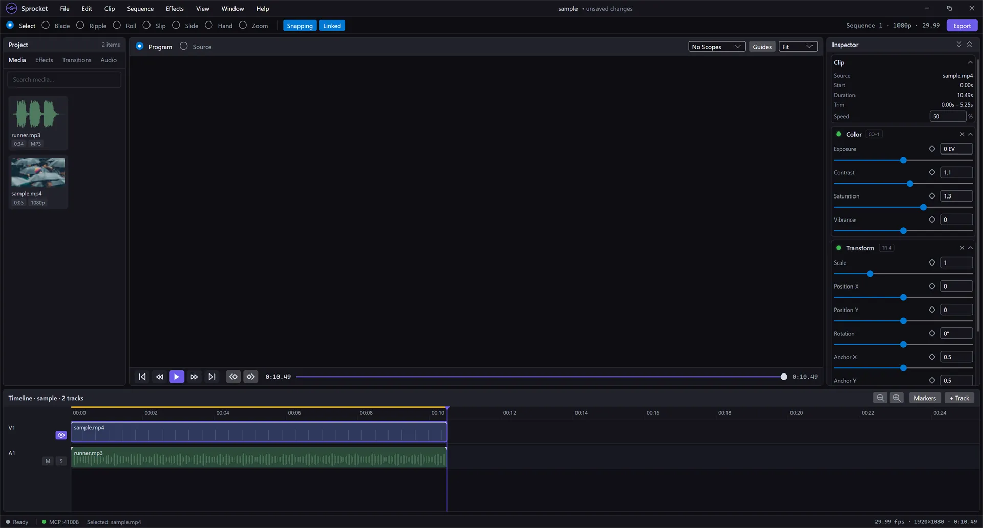 The Inspector showing Color and Transform effect sections, each with sliders for its settings
