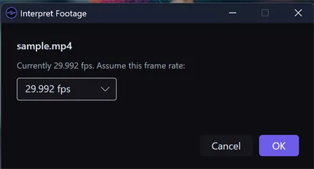 The Interpret Footage dialog for sample.mp4, reading "Currently 29.992 fps. Assume this frame rate:" above a frame-rate dropdown, with Cancel and OK buttons