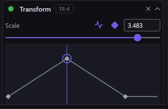 The keyframe lane expanded into the velocity graph: the Scale value rises to a peak at the middle keyframe and falls again, drawn as a curve over time