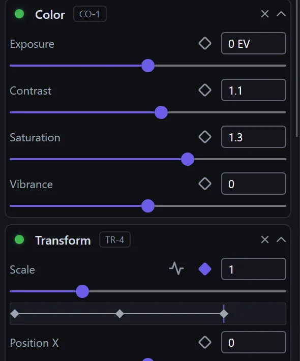 The Inspector showing Color and Transform effect settings, each with a diamond keyframe button; the Transform Scale setting is animated, with its keyframe lane showing three keyframes below the slider