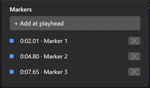 The Markers panel: a "+ Add at playhead" button and three markers, each with a coloured dot, a time-and-name label such as "0.01 · Marker 1", and an ✕ remove button