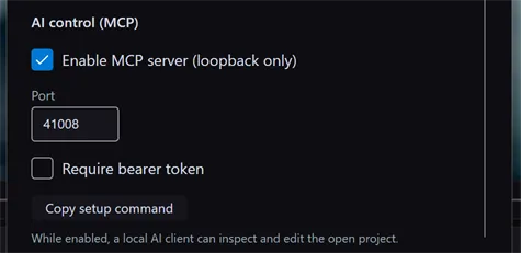 The AI control (MCP) section of the Preferences dialog, with Enable MCP server checked, the port field, the Require bearer token checkbox, and the Copy setup command button