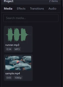 The Media bin showing a video tile and an audio tile, each with a thumbnail and metadata badges
