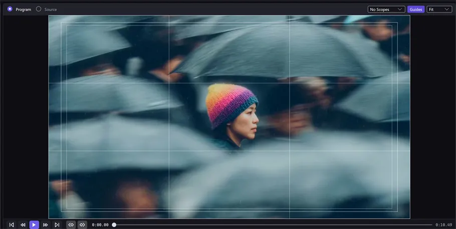 The Program monitor with Guides on: a bright frame outline, a rule-of-thirds grid, and an inset safe-area rectangle, all ending exactly at the frame edge