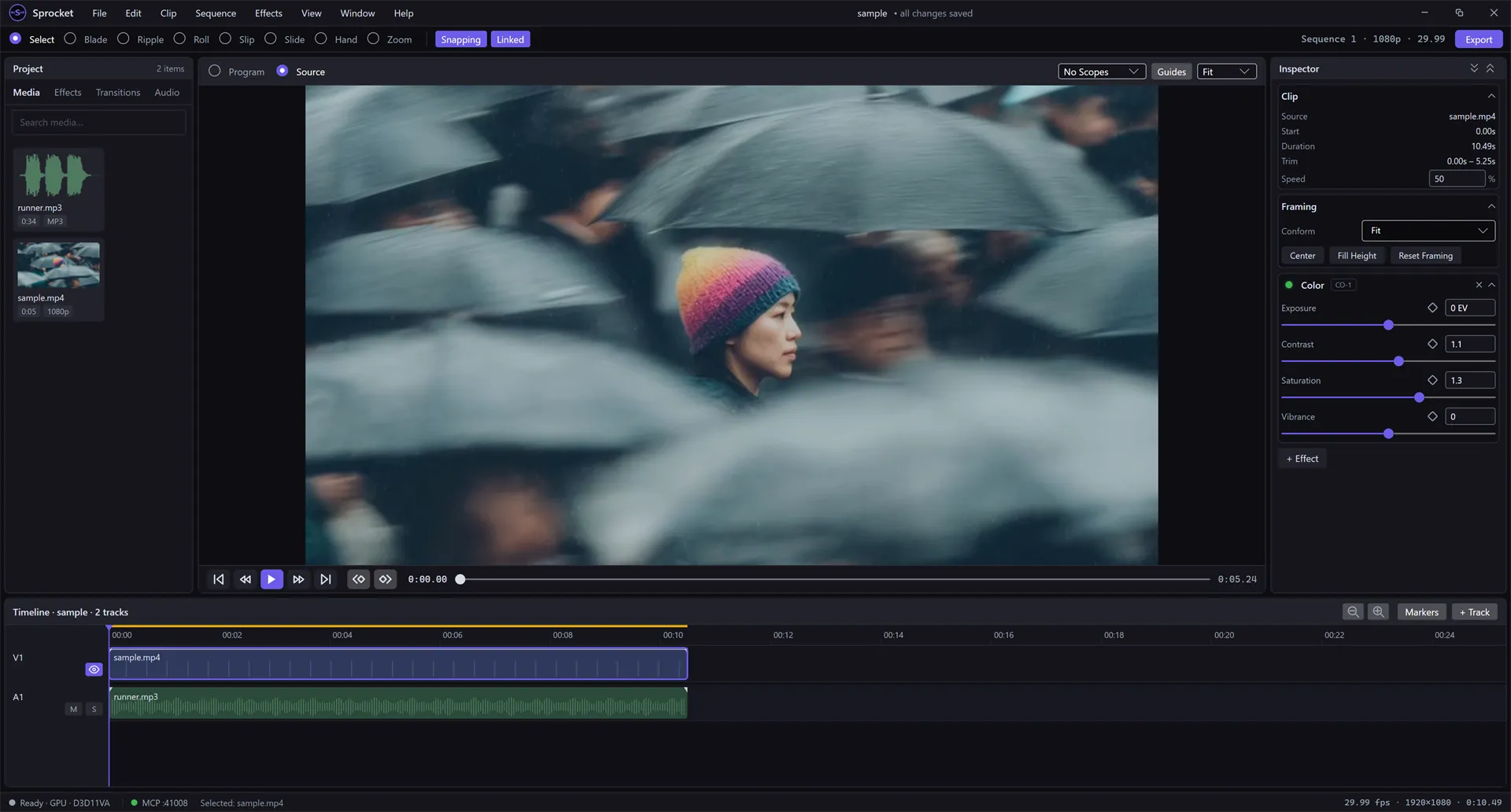 The Source monitor showing a clip's full, untrimmed footage, with the Inspector's Clip section listing a Duration of 10.49s against the Program monitor's edited 5.25s