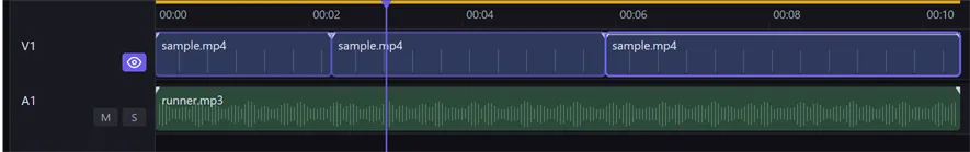 Three clips selected on the V1 track — the rightmost has a bright accent outline marking it as the primary clip, the other two have a dimmer outline