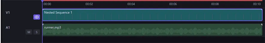 The timeline showing a teal "Nested Sequence 1" clip on the V1 track, standing in for the clips that were nested