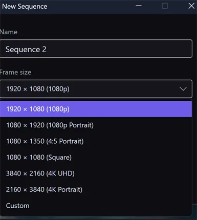 The New Sequence dialog with the Frame size dropdown open, listing 1920 × 1080 (1080p), 1080 × 1920 (1080p Portrait), 1080 × 1350 (4 Portrait), 1080 × 1080 (Square), 3840 × 2160 (4K UHD), 2160 × 3840 (4K Portrait), and Custom