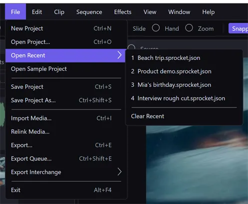 The File menu with Open Recent highlighted and its submenu listing four numbered projects, newest first, above Clear Recent