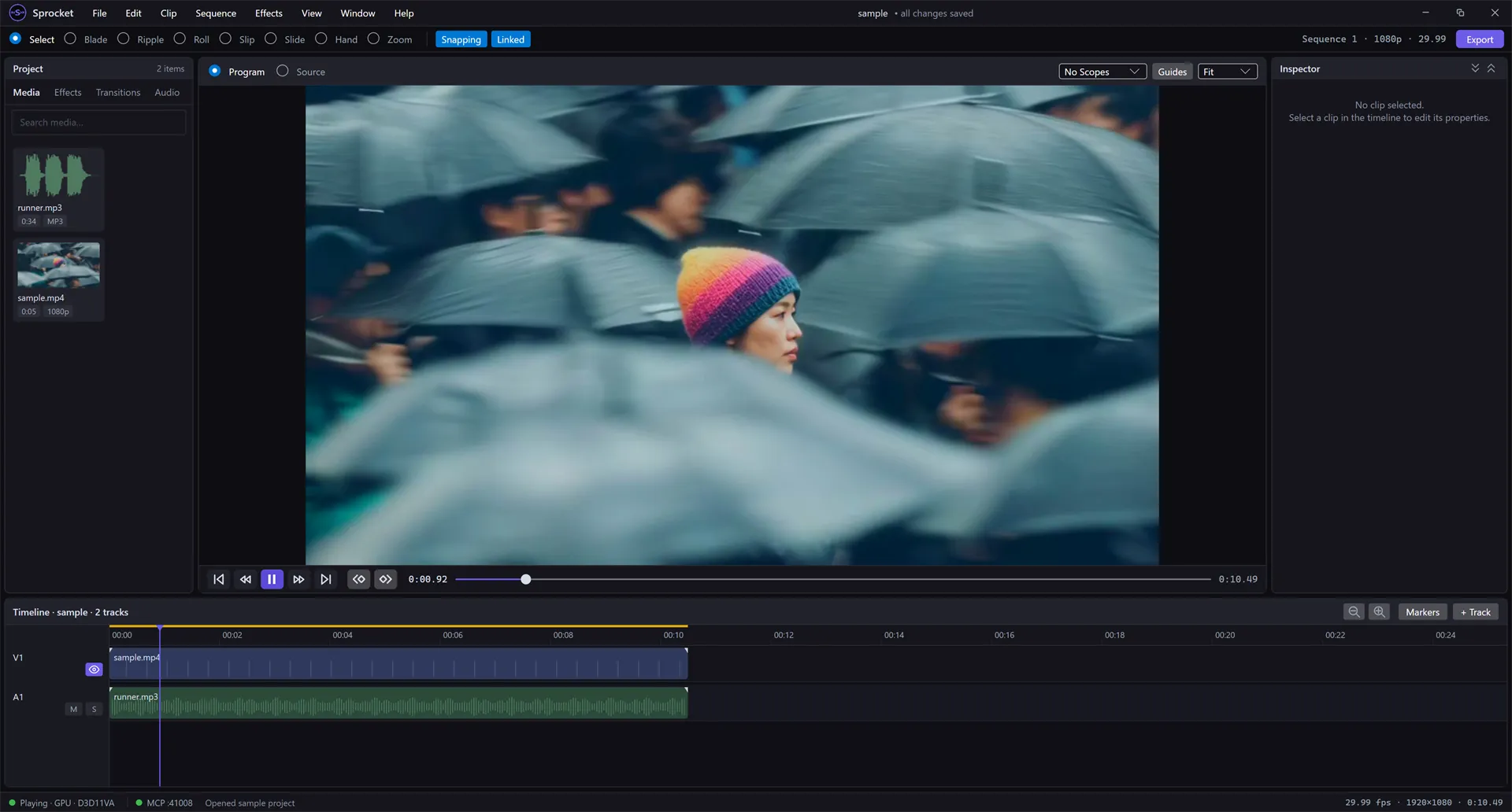 The Program monitor playing, with the playhead partway along the timeline and the timecode reading 0.92