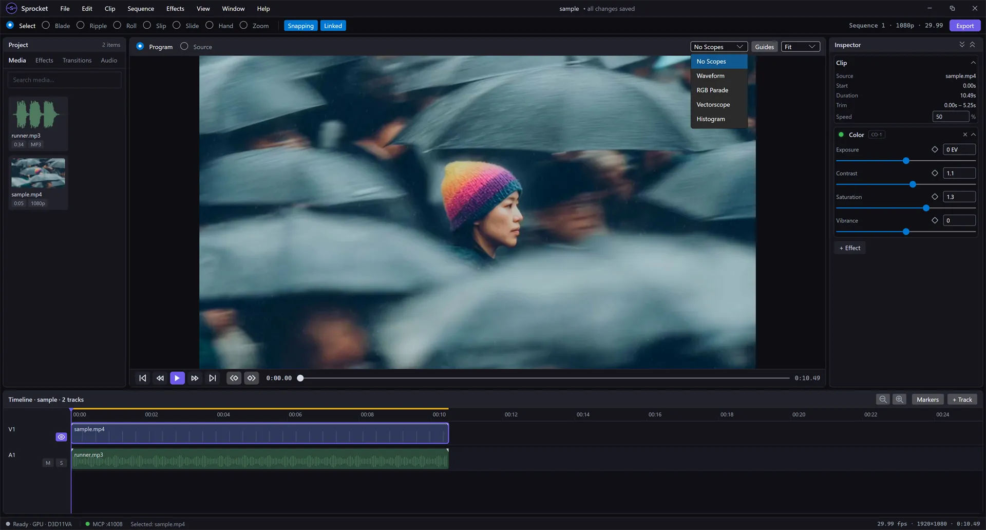 The Scopes dropdown open over the Program monitor, listing No Scopes, Waveform, RGB Parade, Vectorscope, and Histogram