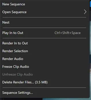The Sequence menu open, showing New Sequence, Open Sequence, Nest, Play In to Out, the Render commands, and Sequence Settings