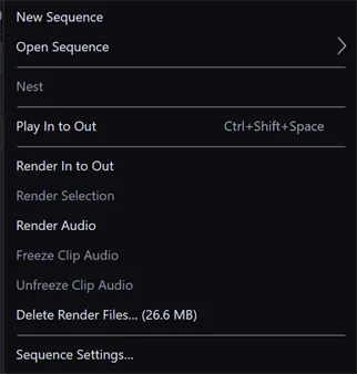 The Sequence menu open, showing Render In to Out, Render Selection, Render Audio, Freeze Clip Audio, Unfreeze Clip Audio, and Delete Render Files with its disk footprint