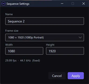 The Sequence Settings dialog: a Name field, a Frame size dropdown reading "1080 × 1920 (1080p Portrait)", Width 1080 and Height 1920 boxes, the fixed "29.99 fps · 44.1 kHz" line, and Cancel and Apply buttons