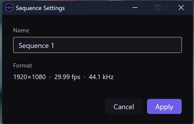The Sequence Settings dialog: a Name field reading "Sequence 1" and a read-only Format line "1920×1080 · 29.99 fps · 44.1 kHz", with Cancel and Apply buttons