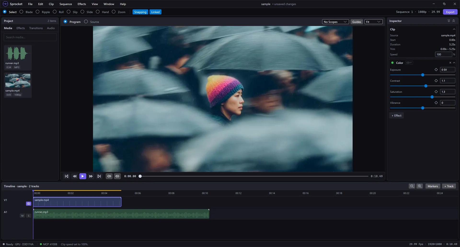 The Inspector after setting a clip's speed to 100%: Duration now reads 5.25s instead of 10.49s