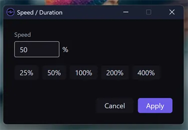 The Speed / Duration dialog: a percentage box with 25%, 50%, 100%, 200%, and 400% presets